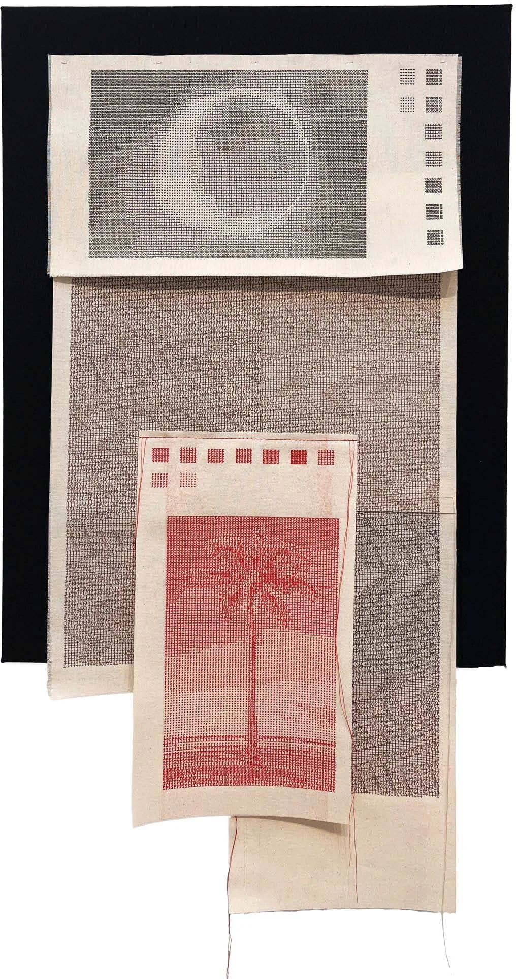 André Azevedo, Eclipse, 2024
Poetry Landscapes Series
Typing, carbon paper markings and machine
sewing on unbleached cotton and wooden
Framed 33 x 18.1 in