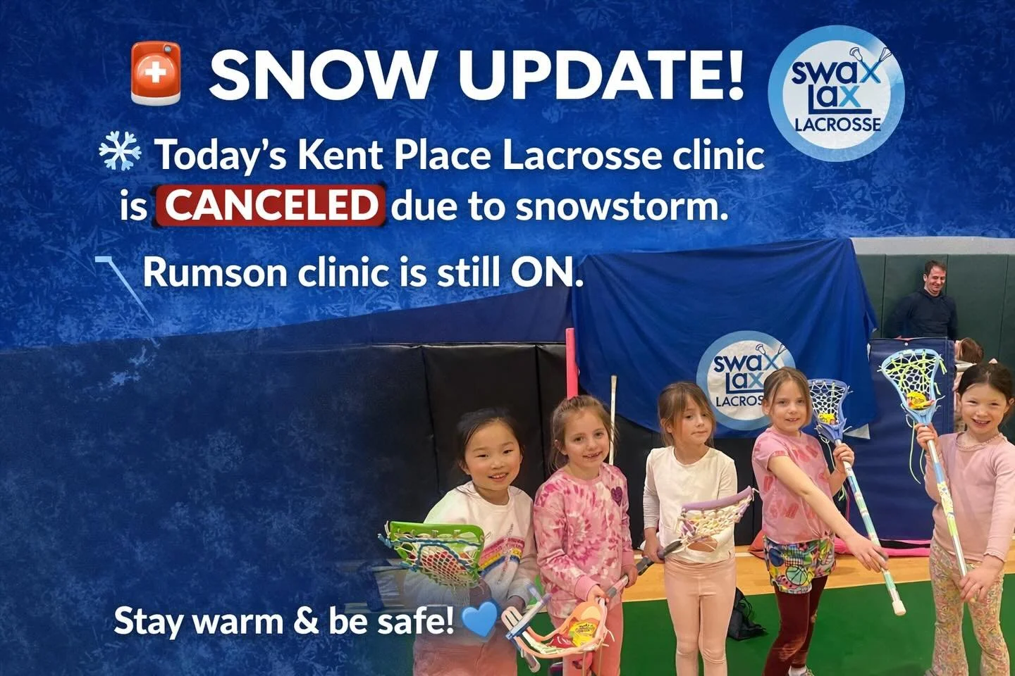 🚨 Snow Update! 🚨

❄️ Kent Place Lacrosse Clinic is CANCELED today due to the snowstorm.  Rumson Clinic is STILL ON as scheduled!