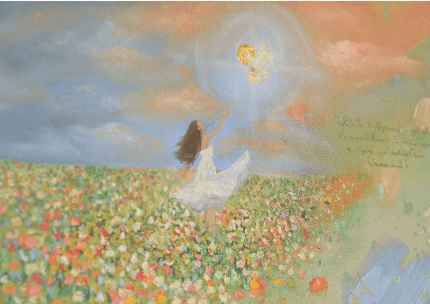 Liebesbriefe von Gott, die Frau im Blumenfeld unter dem Licht, Detailaufnahme