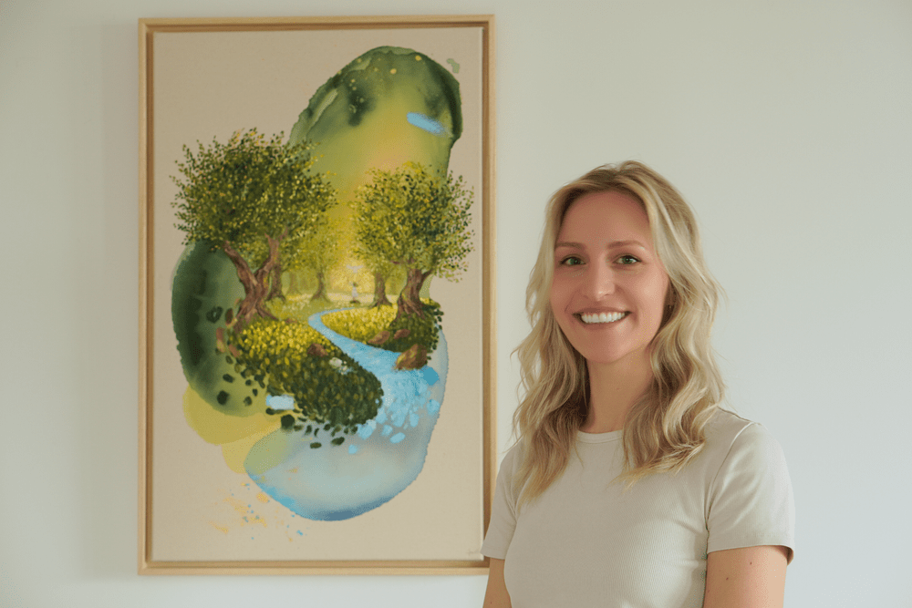 Natalie Ingerle neben ihrem Kunstwerk Seine Gnade fließt über mich