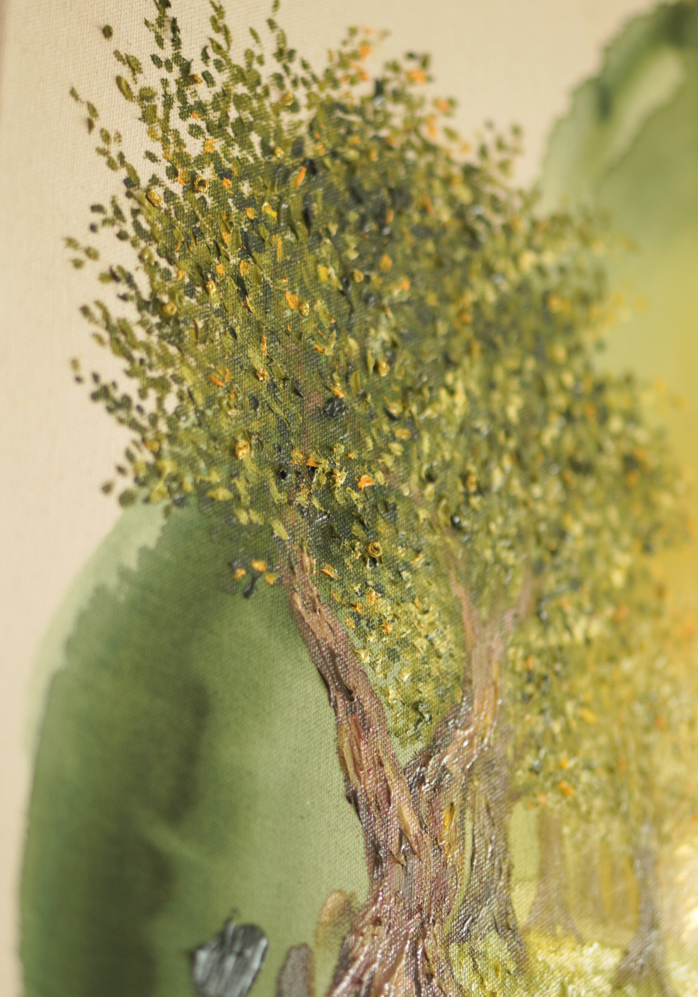 Olivenbaum in pastoser Ölfarbe, Detailaufnahme