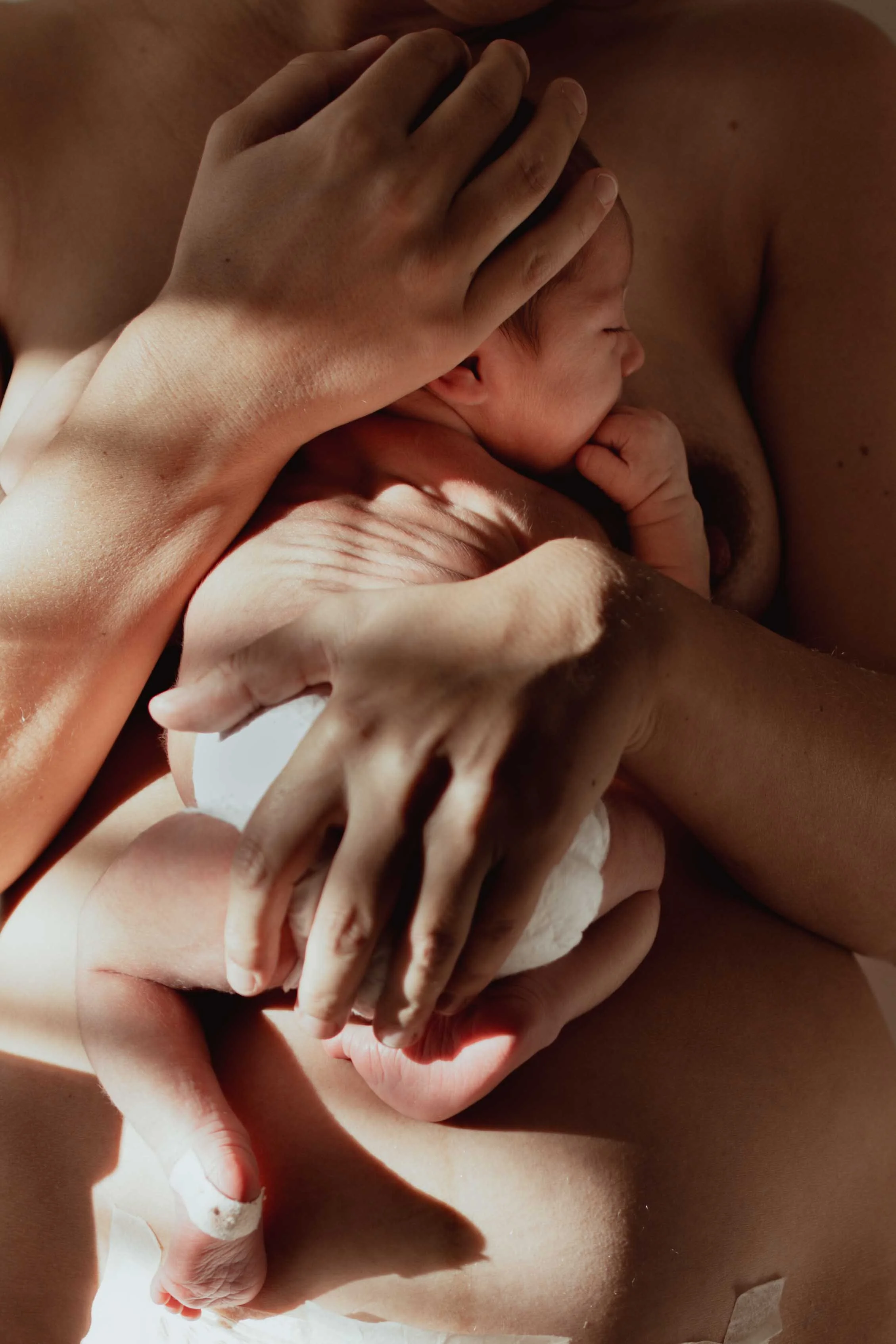 Ein neugeborenes Baby wird von einer Frau in den Armen gehalten, während sie es liebevoll auf ihre Brust legt. Das Baby liegt auf seiner Seite mit geschlossenem Auge, seine kleine Hand liegt in der Nähe seines Mundes. Die Szene ist warm und intim, mi