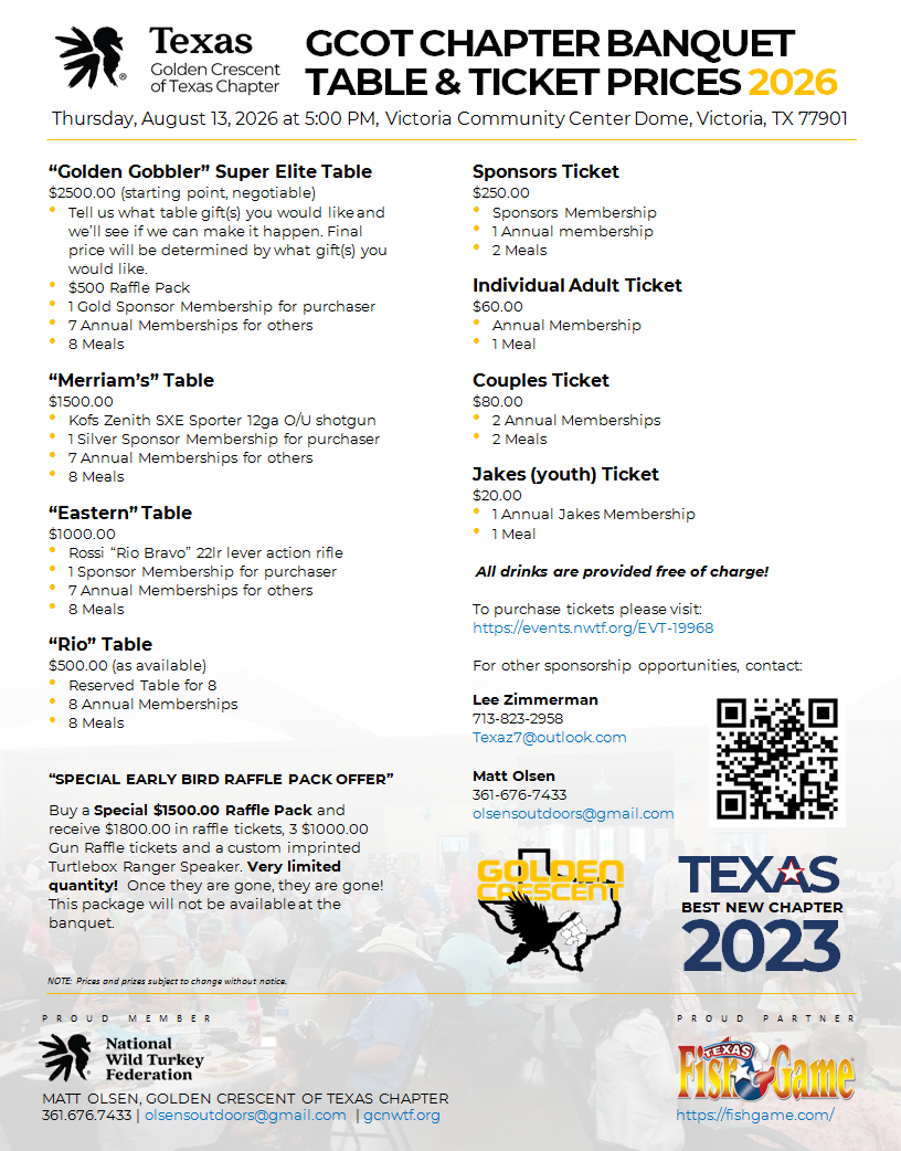 Check out the NWTFGC 2026 Banquet Table and Ticket prices. Come out and enjoy the fun!