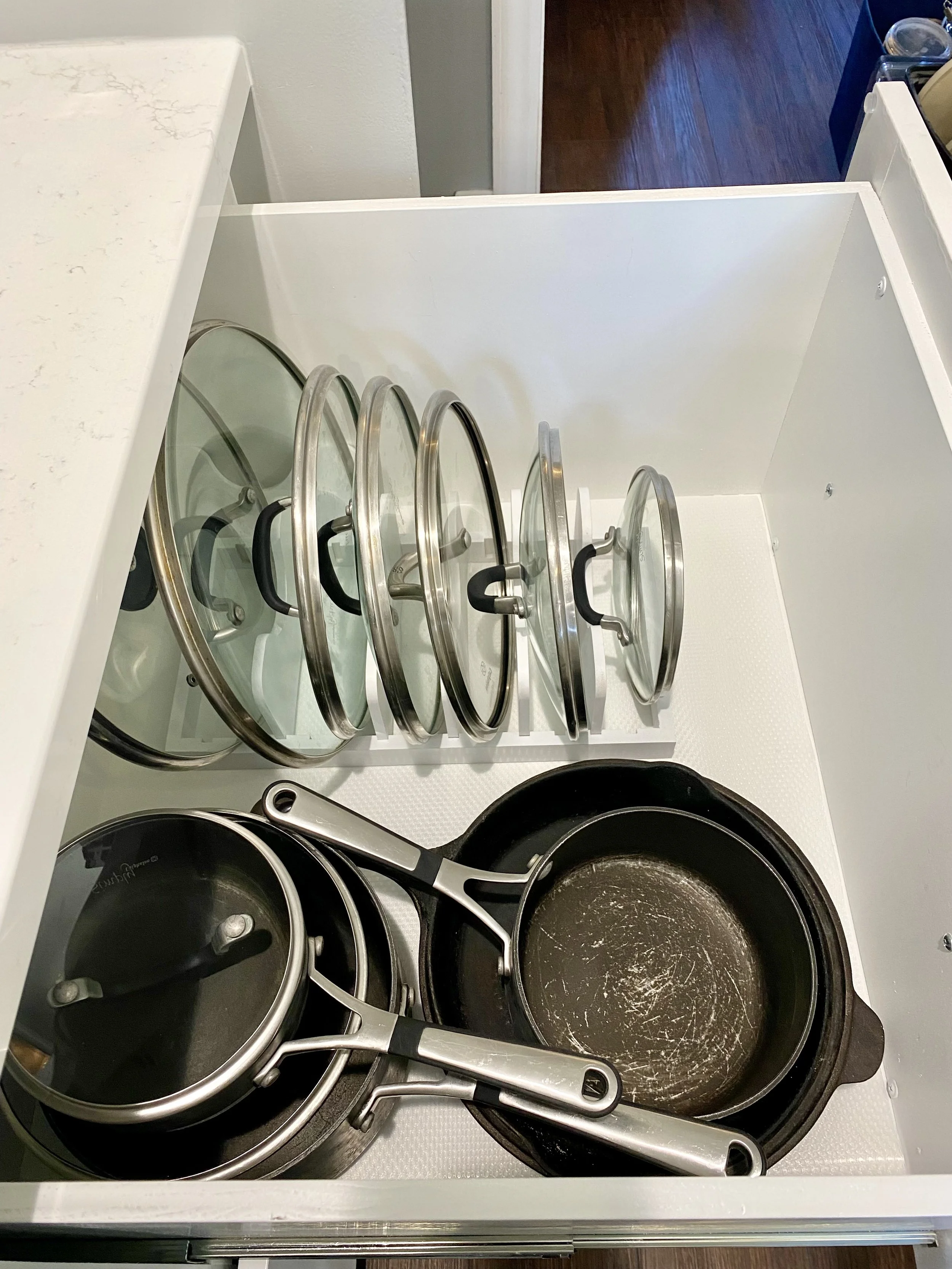 kitchen drawer pots pans lids organization