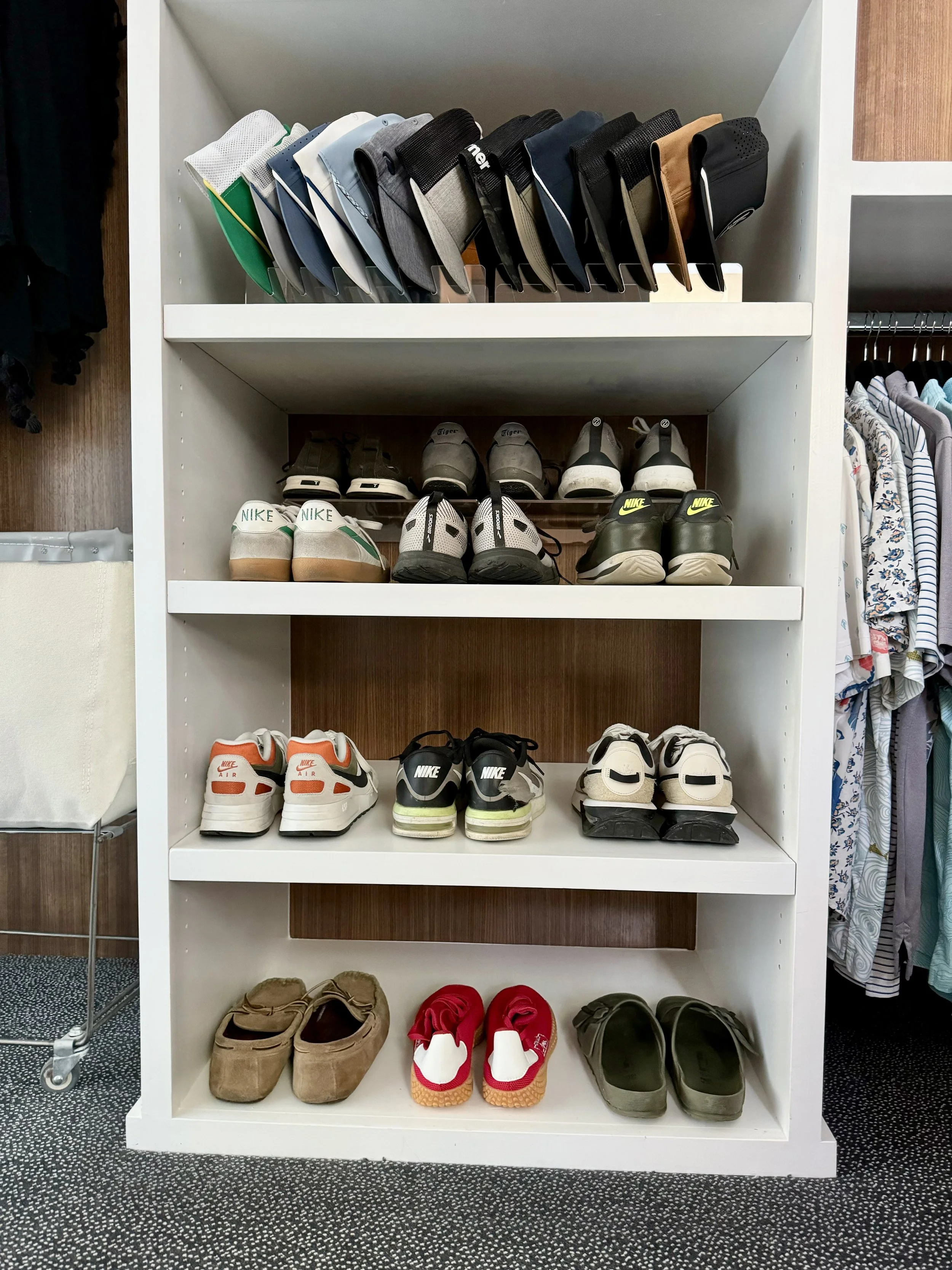 primary master closet shoe hat organization