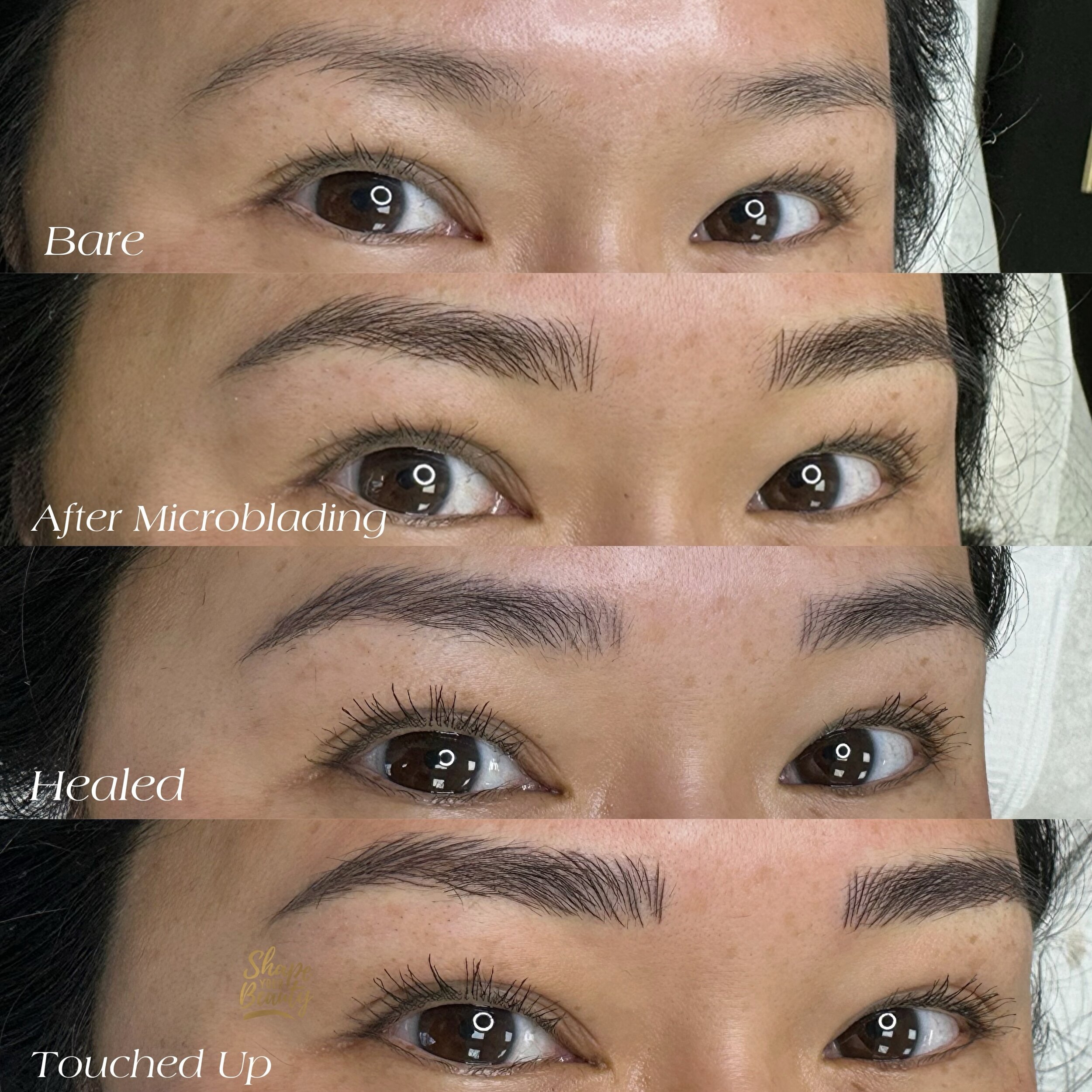 ✨ Witness the transformation from bare brows to bold beauty! 👀 Look at this brow journey: from bare brows, to the initial microblading, to the healed results, and finally, after the touch-up perfection. 💫 Achieve flawless brows that frame your face