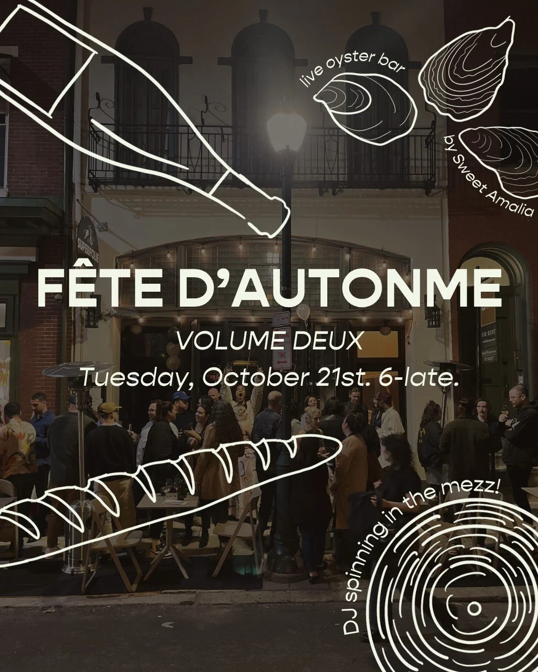 our annual 🍂FÊTE d’AUTOMNE🍁 is back Tues 10/21 and spilling into the street. 
happy hour per usual 4-6 into live 🦪 bar by @melissacips of @sweetamaliamarket, passed canapés + jambon-beurre sammies. and because we wanted more (w