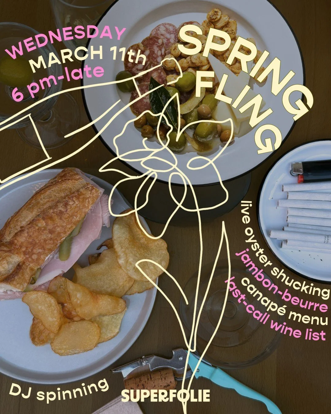 SPRING. FLING. 💐

seems like we&rsquo;re getting a sneaky glimpse at spring next week + we&rsquo;re using the occasion for our bi-annual pour-out-onto-the-sidewalks bash.

a DJ spinning in the mezz, live oyster shucking, jambon-beurre sammies, a men