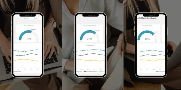 Three smartphones displaying dashboard screens with increasing percentages: 15%, 26%, and 34%, amidst a group of people working at a table.