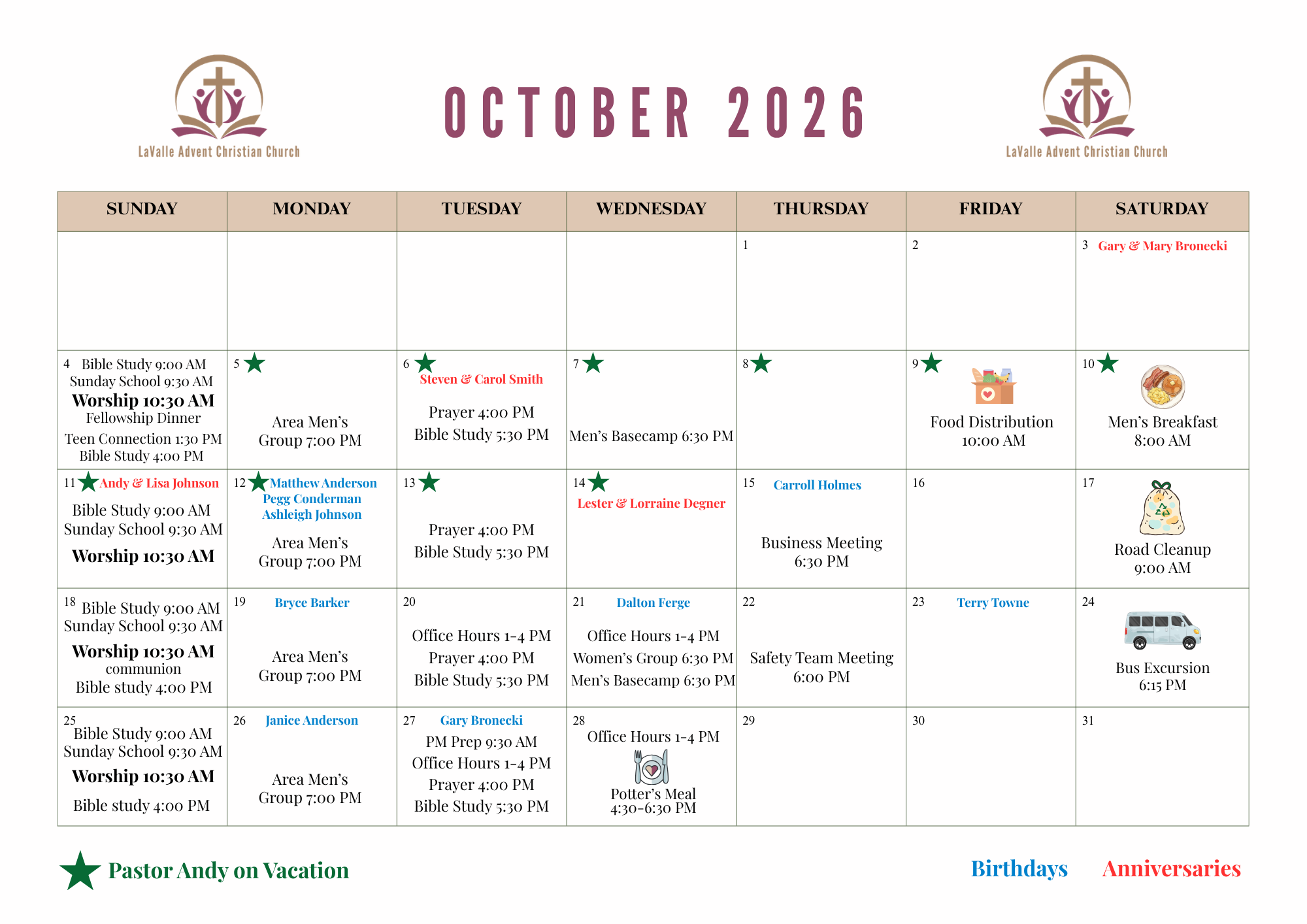 October 2026 LACC Monthly Calendar of Events