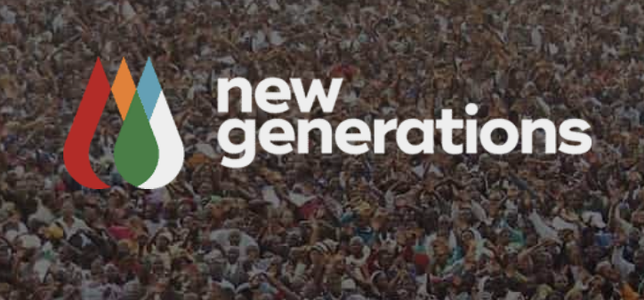 A large crowd of people gathered outdoors with a logo and text overlay that reads 'New Generations.'