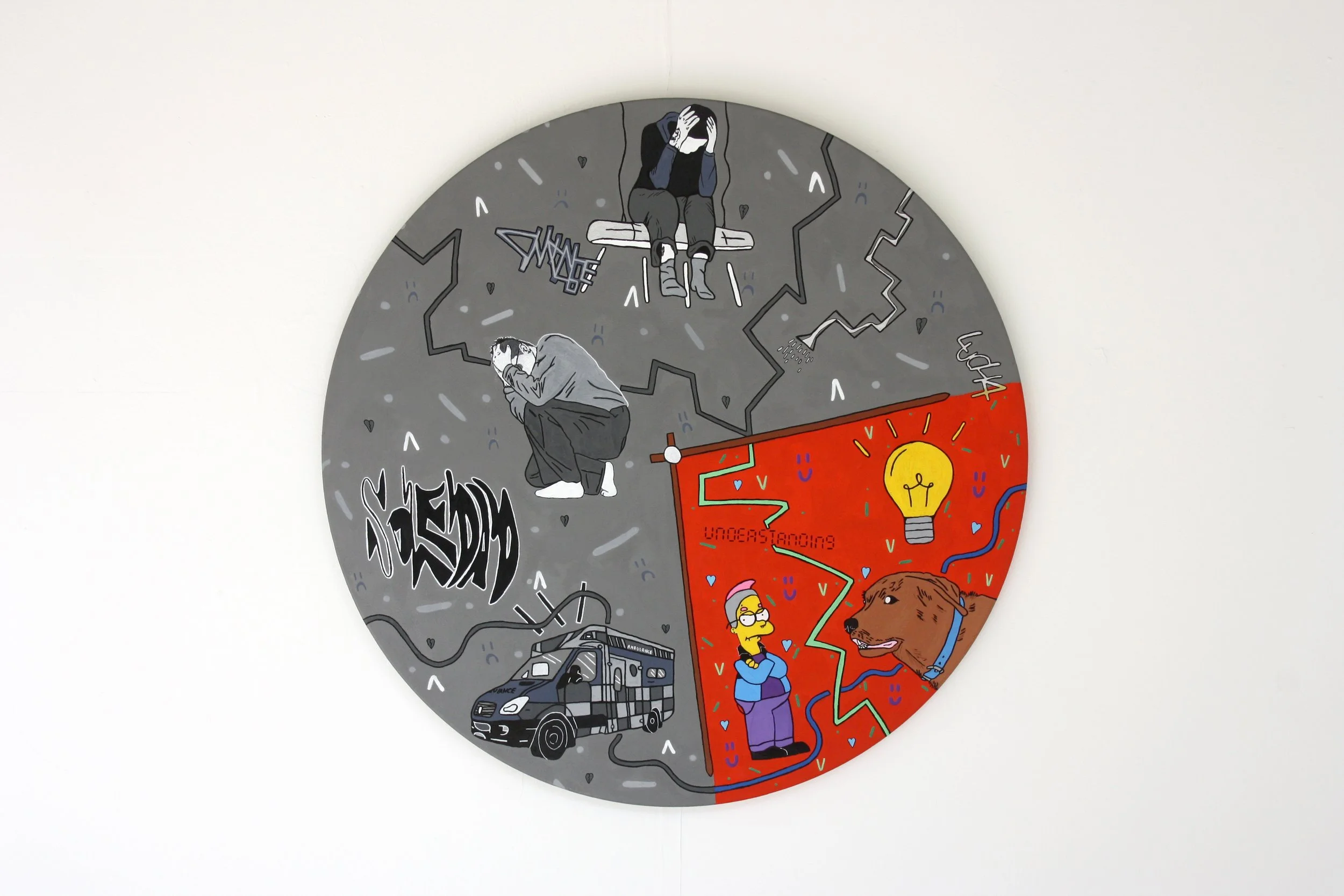 A circular analogue clock shaped painting in grey and red orange. Shown in the grey is two people with their head in their hands. One is sitting on a hanging industrial light, the other is knelt on one knee. Also, here is an ambulance with motion lin