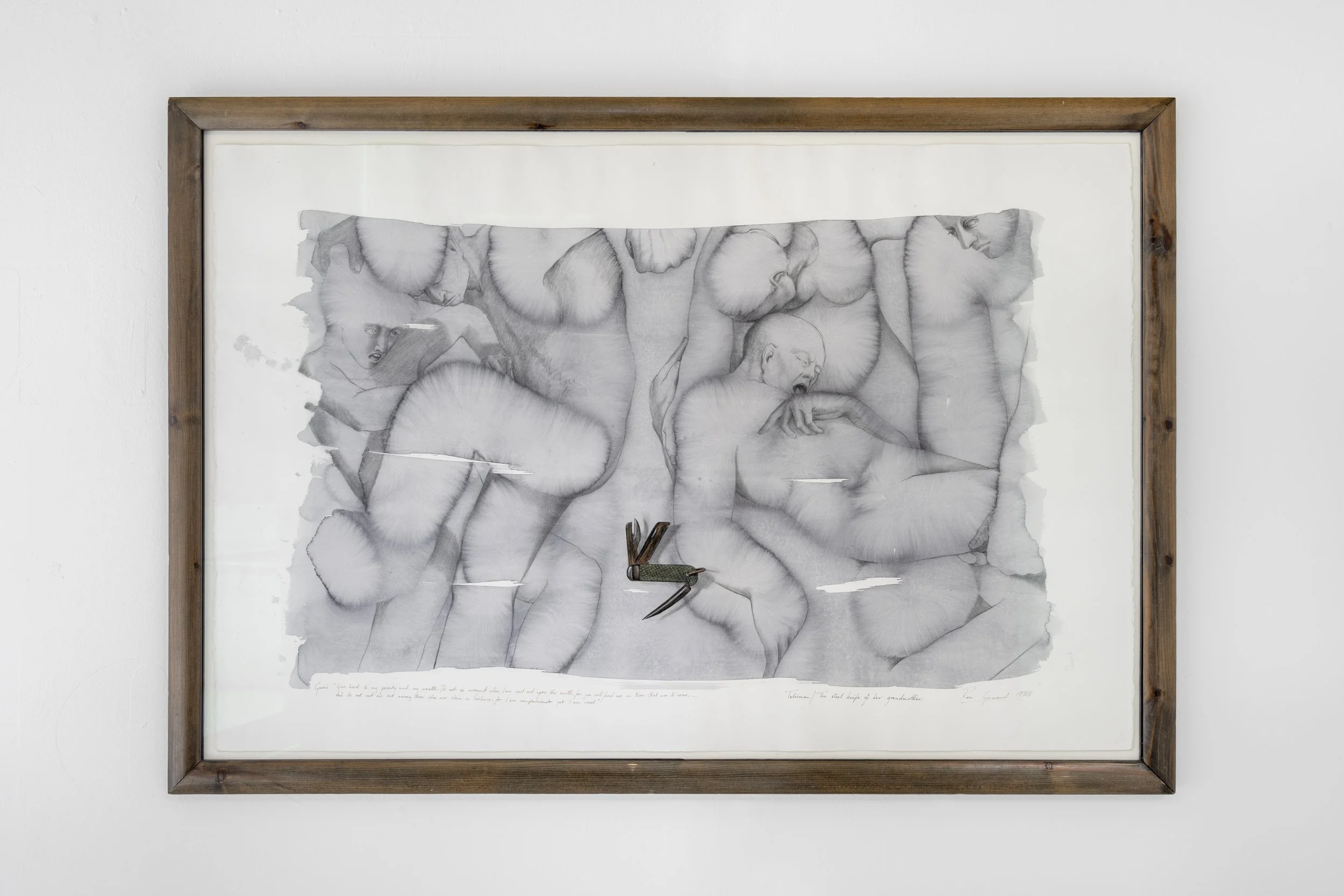 Rose Garrard's '‘Talisman: The Steel Knife of Her Grandmother’ photographed against a white wall in the White Column space. A grouping of nude figures drawn into the grey wash on the ground, filling the picture plane, intersecting each other, and wit