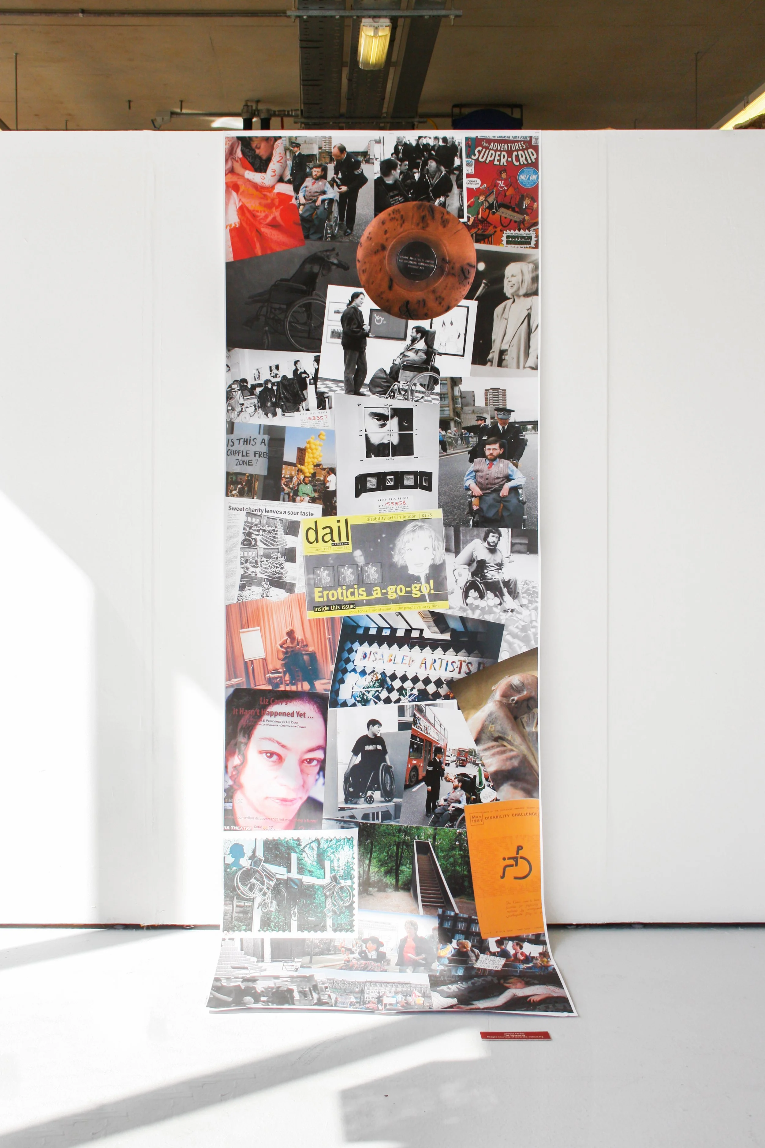 Exhibition photograph of ‘The Vanguards’ a combination of art, performance, workshop, advertisement, document, activism, and protest photographs showing the archival collection of NDACA representing the history of the Disability Art Movement. Image c