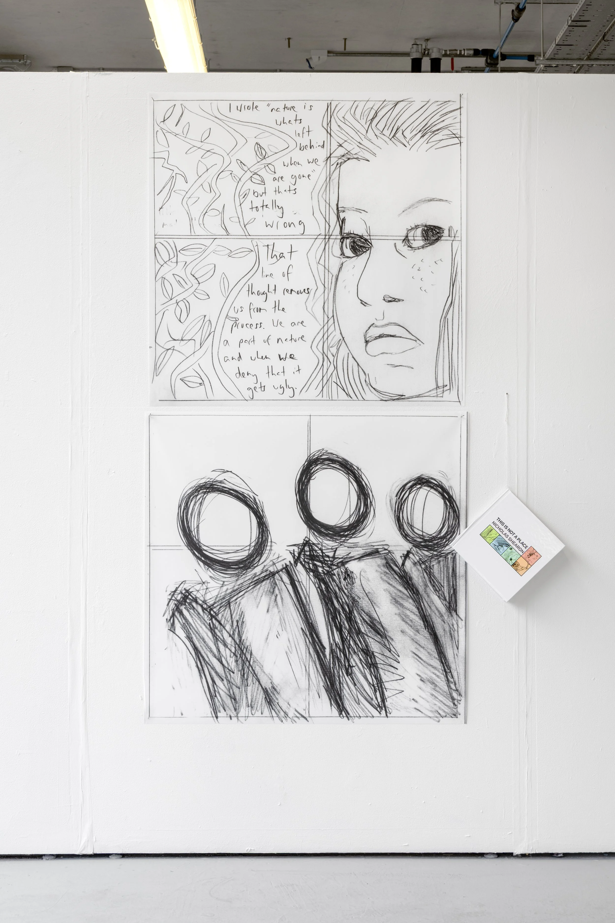 Exhibition photograph of Nicholas Shearon's artwork against a white wall in the White Column space, which is comprised of two black and white digital prints, each 85cm square, from original pencil drawings on paper and they are located one above the 