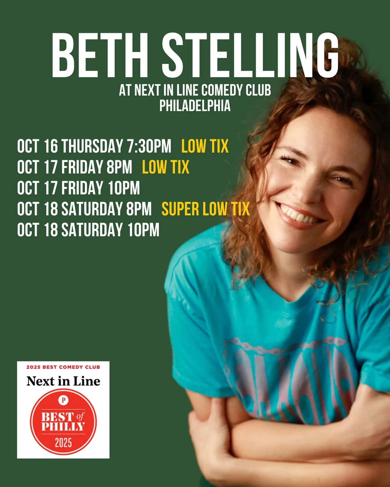 Tickets are going FAST for Beth Stelling&rsquo;s shows at Next In Line! Grab your tickets now before it&rsquo;s too late. Link in bio 🎟️