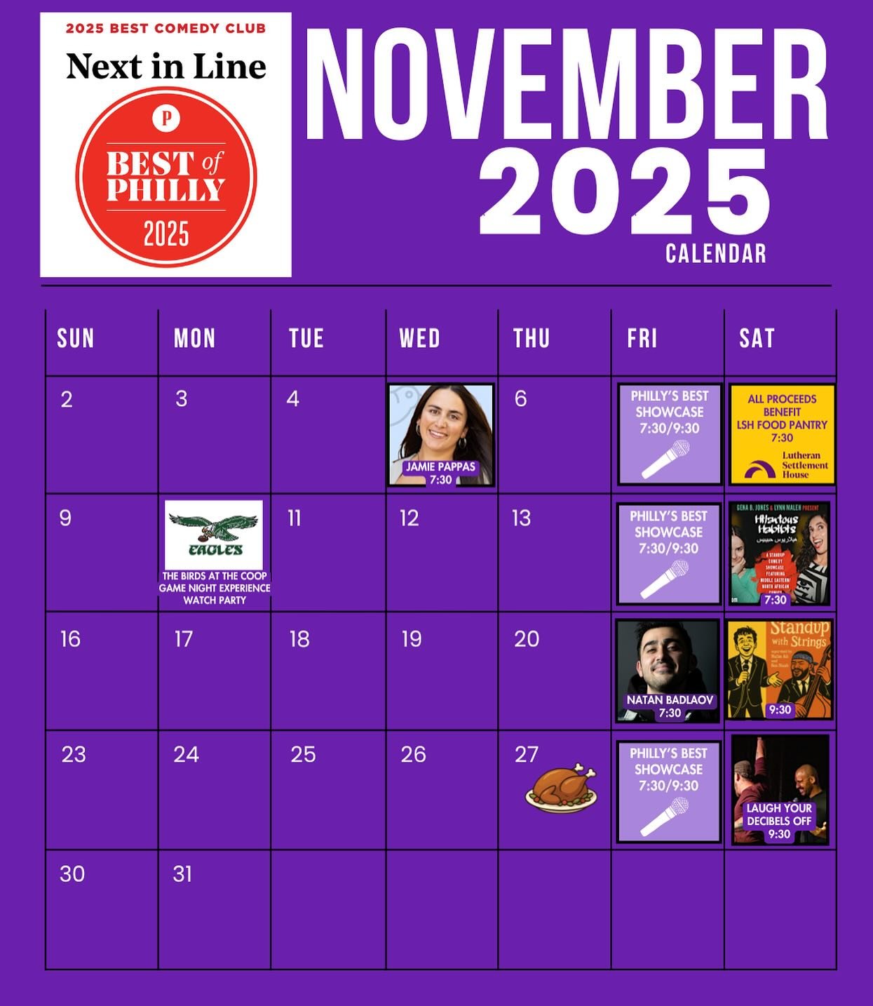 NOVEMBER CALENDAR 📅 

All shows at Next In Line this month can be seen here and all tickets can be bought at the link in bio! 🎟️🎤