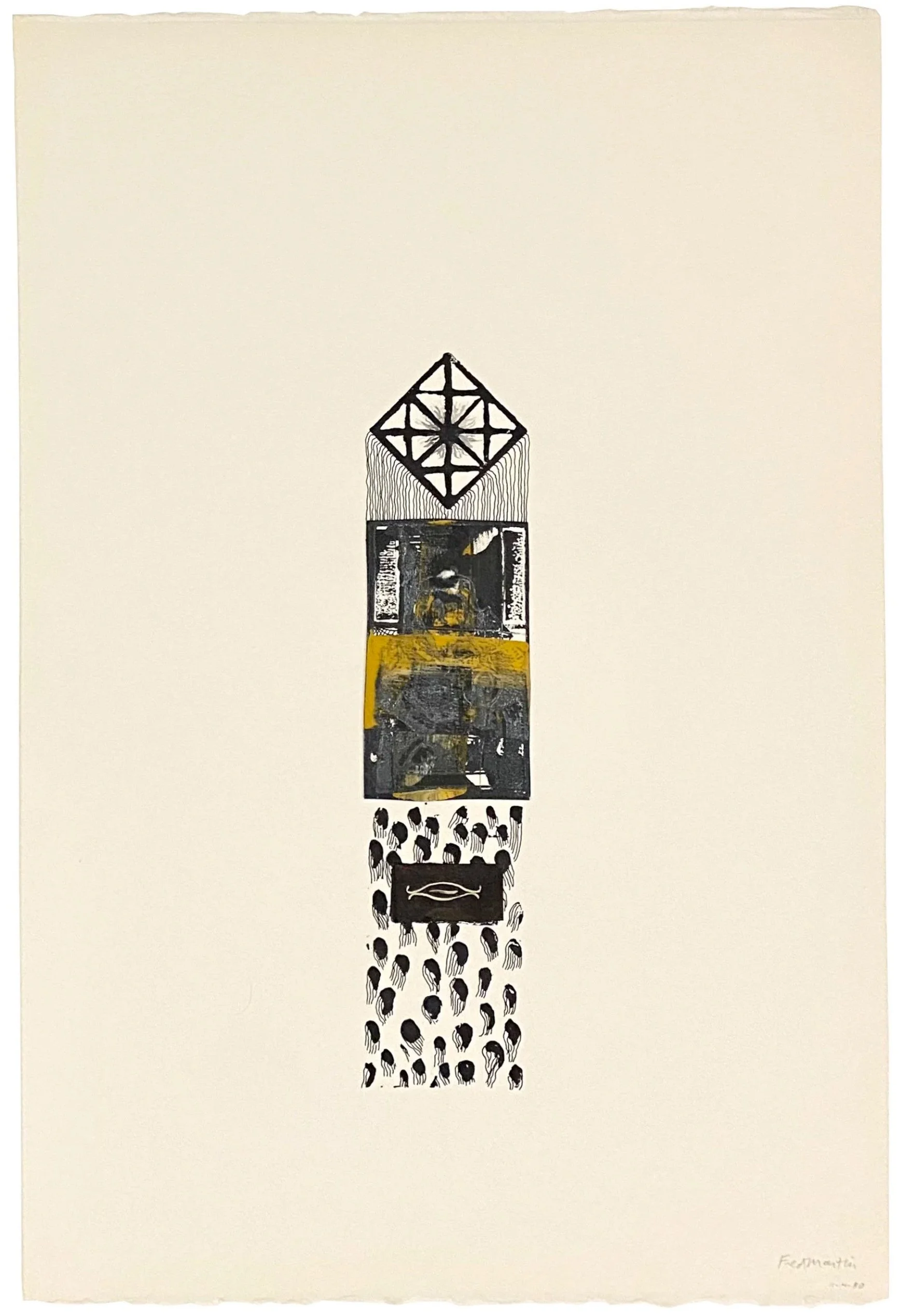 Fred Martin, Untitled [Tarot Series], 1980, ink, watercolor, and collaged linocut on Arches paper, 22 1/4 x 15 inches: $2,000