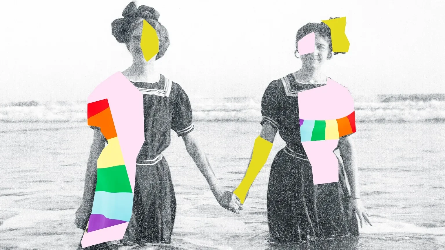 A collage based on a black and white photo of two victorians standing knee high in the sea facing camera
