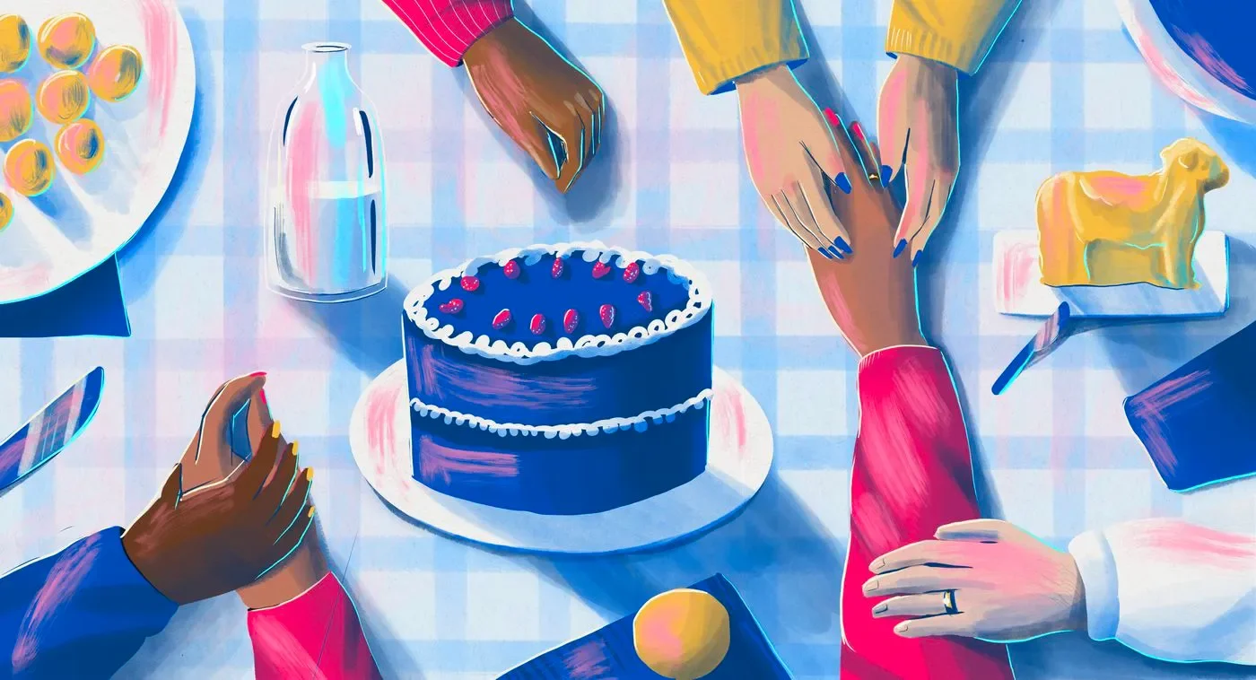 An illustration of people holding hands over a holiday table