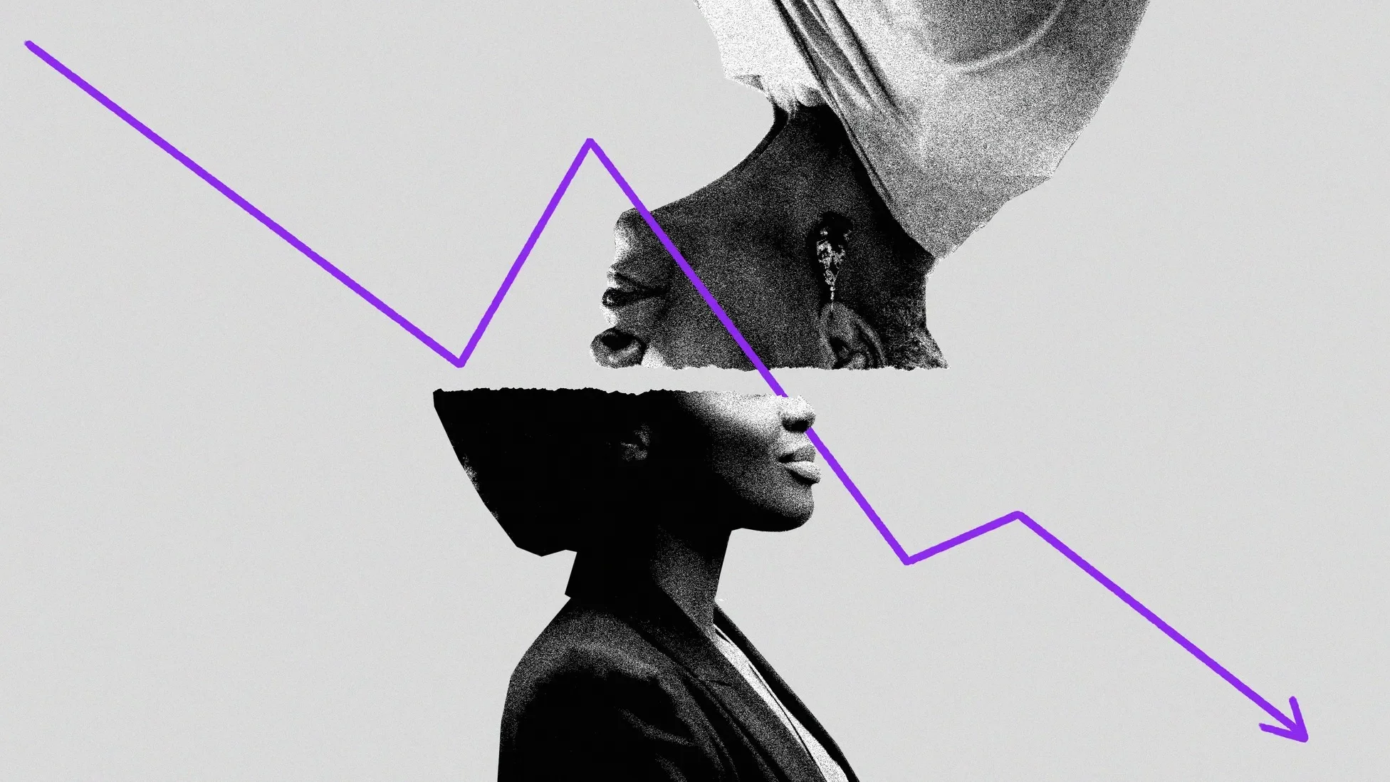 collage of two black and white side portraits, one upside down, divided by a purple zig zag line