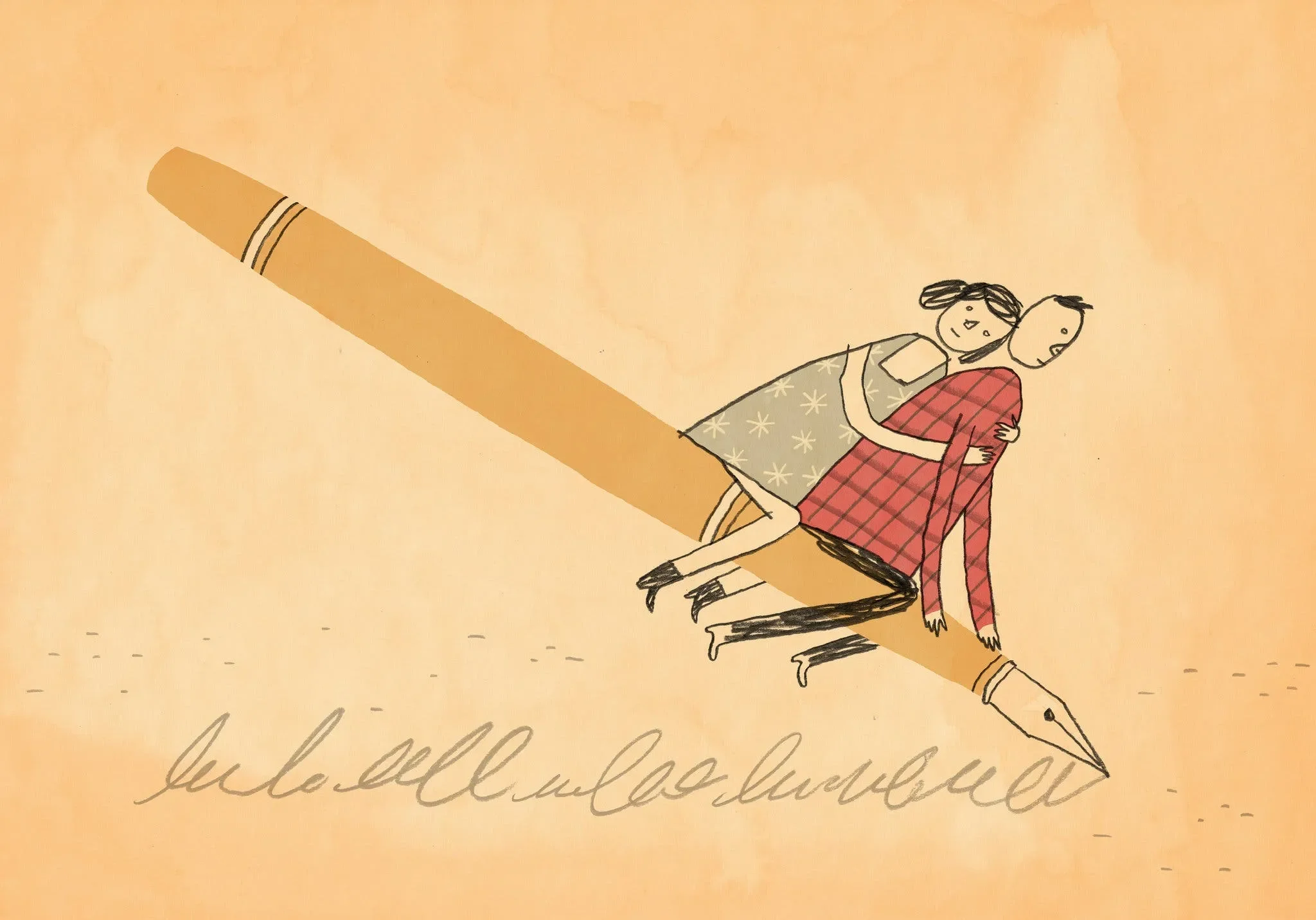 A colored drawing of two people hugging while sitting on a pen while the pen is shown signing something at the bottom of a page