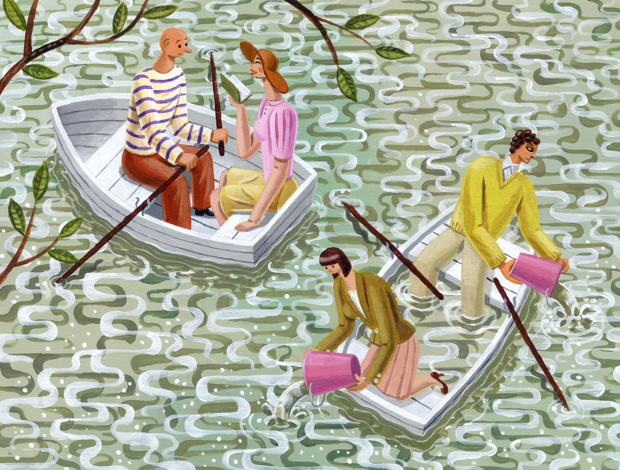 An illustration of two boats on a pond, one couple in each, perfect sailing for one, constant bailing for another