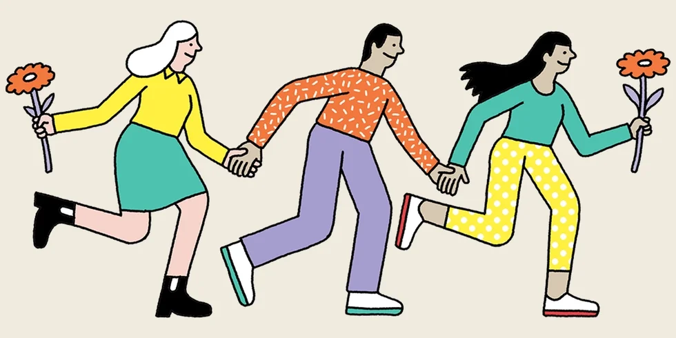 A cartoon image of 3 people holding hands