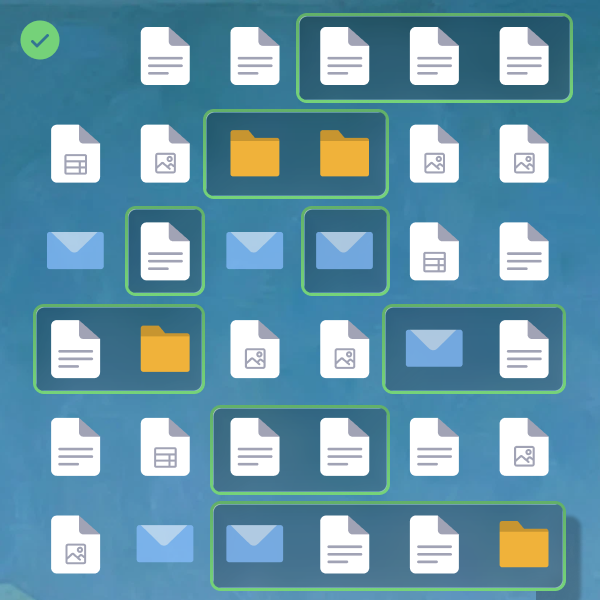 Collection of digital file icons including documents, folders, email icons, spreadsheets, and images organized in a grid with some icons outlined in green.