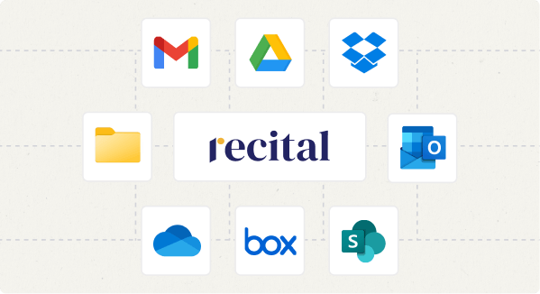 Arrangement of cloud and file storage service icons including Gmail, Google Drive, Dropbox, OneDrive, Box, and SharePoint surrounding the text 'recital' in the center.
