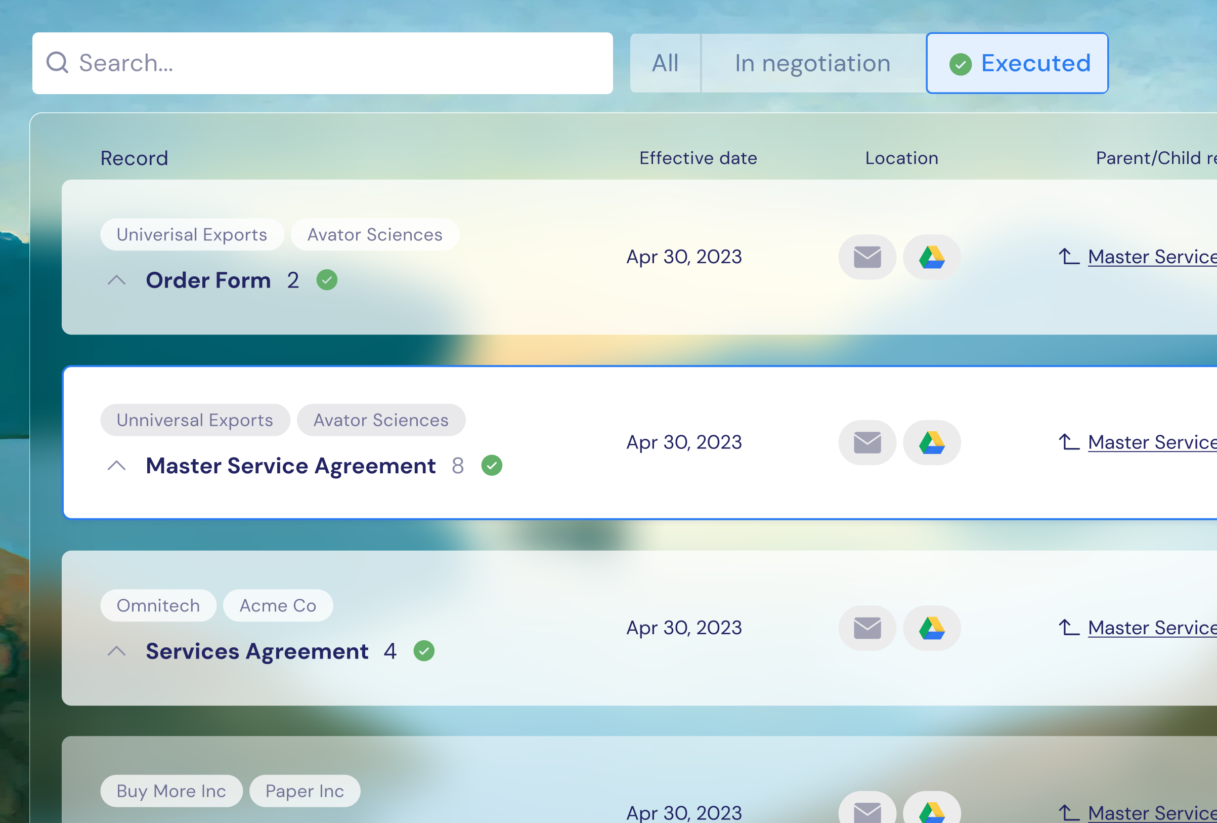 Screenshot of a digital interface displaying lists of records with titles such as 'Order Form,' 'Master Service Agreement,' and 'Services Agreement,' alongside dates, icons for email and file sharing, and status indicators marked as 'Executed'.
