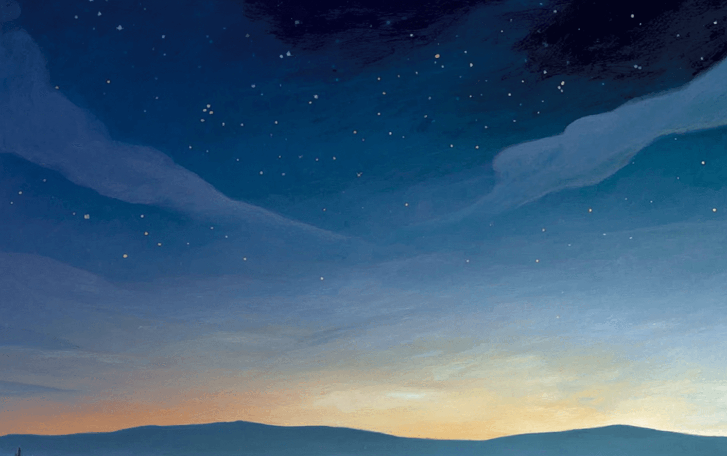 A landscape painting of a twilight sky with stars, over rolling hills with a faint glow on the horizon.