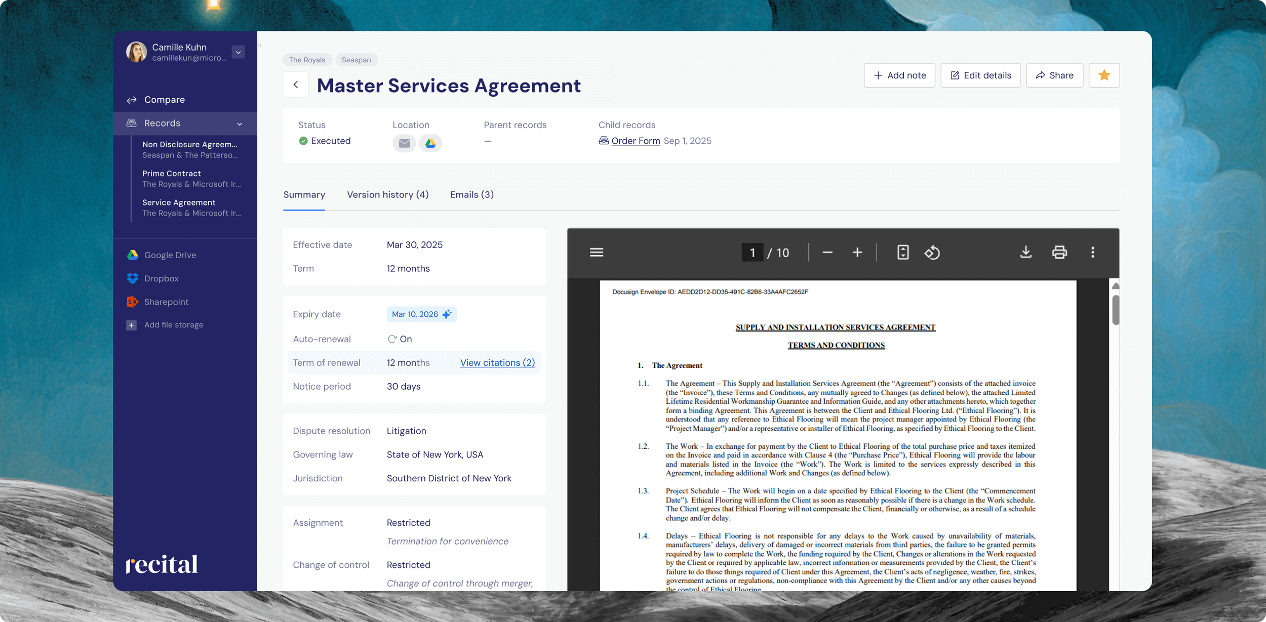 Screenshot of a computer screen displaying a Master Services Agreement document in a PDF viewer, with navigation menus and details about the agreement's status, dates, and legal terms.