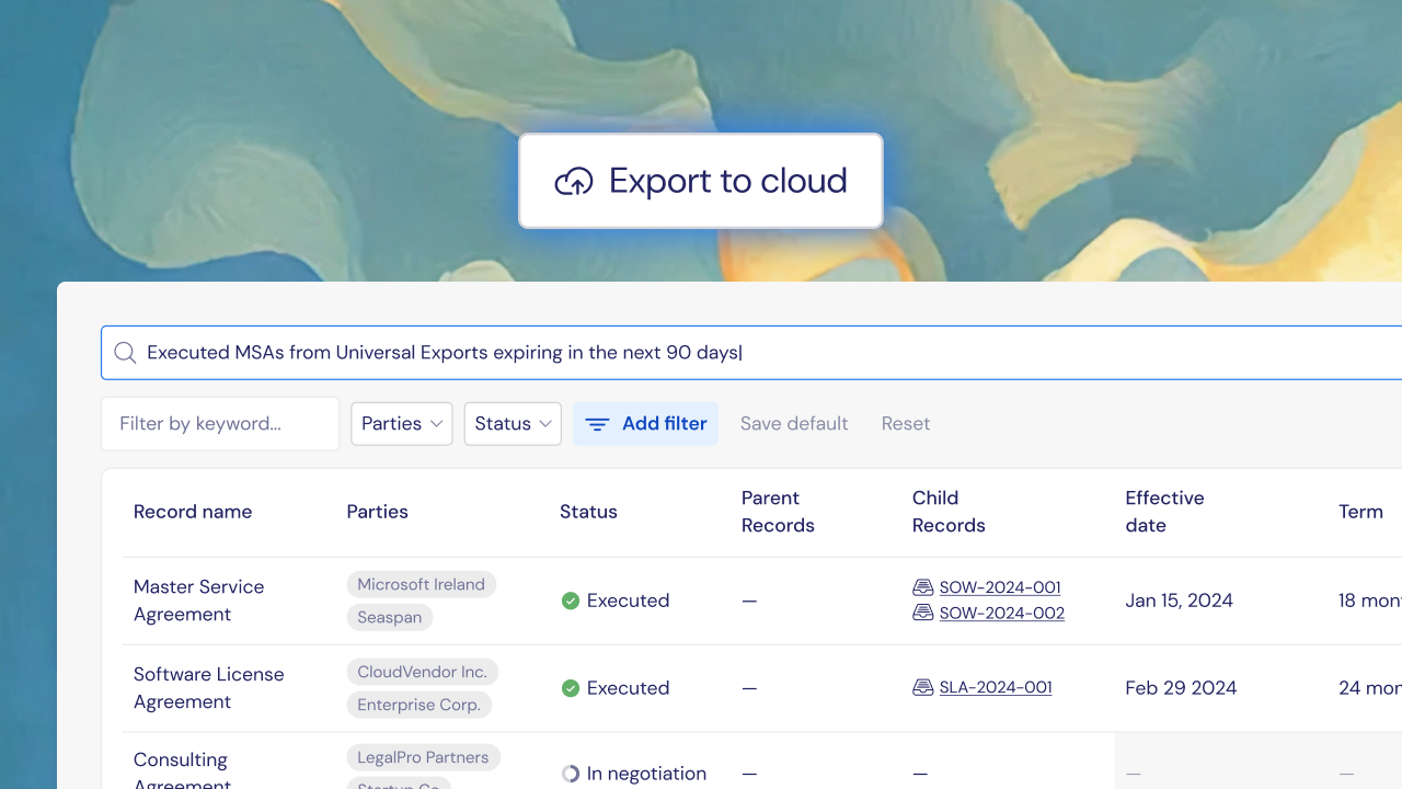 A screenshot of a software interface showing a list of executed MSAs from Universal Exports with expiration dates, including agreements with Microsoft Ireland and Seaspån, CloudVendor Inc. and Enterprise Corp., and LegalPro Partners, with options to export to cloud and filter results.