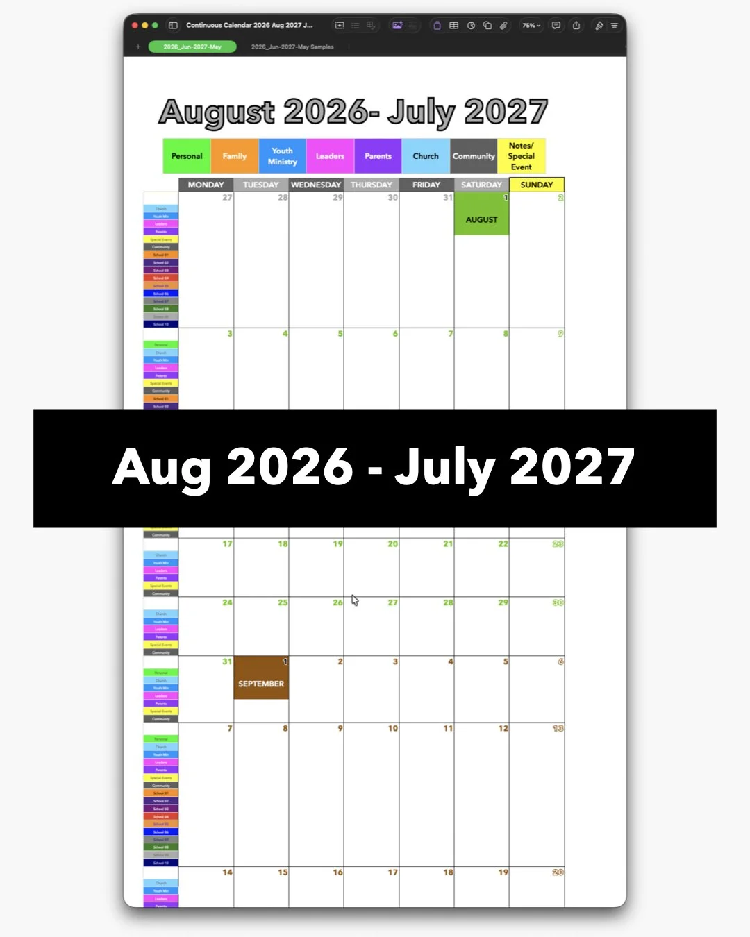 Continuous Calendar - August 2026 through July 2027 Edition