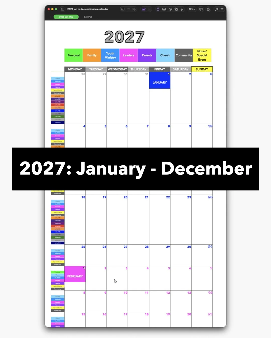 Continuous Calendar - 2027 January through December edition