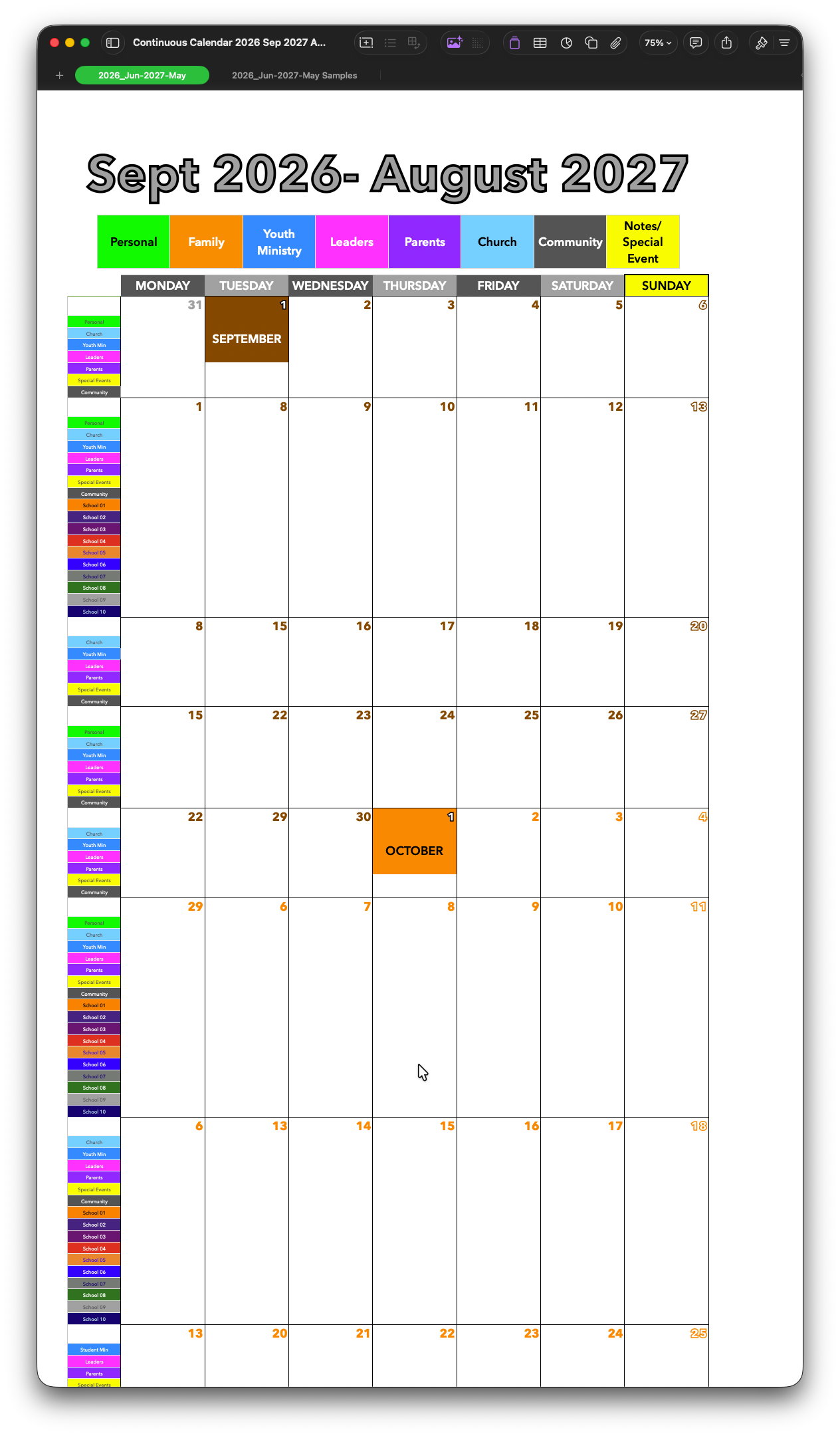 Continuous Calendar - September 2026 through August 2027 Edition