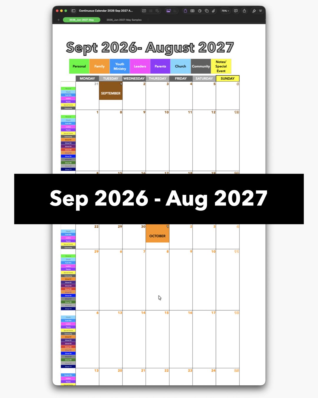 Continuous Calendar - September 2026 through August 2027 Edition