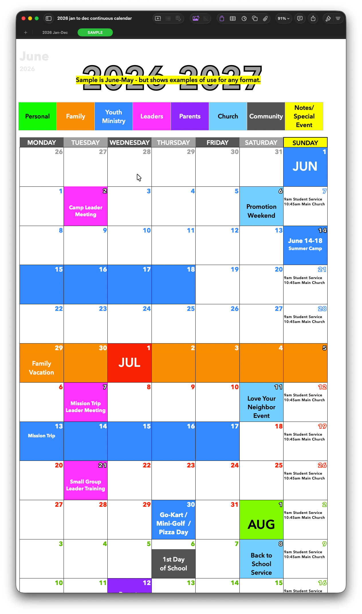 Continuous Calendar - June 2026 through May 2027 Edition