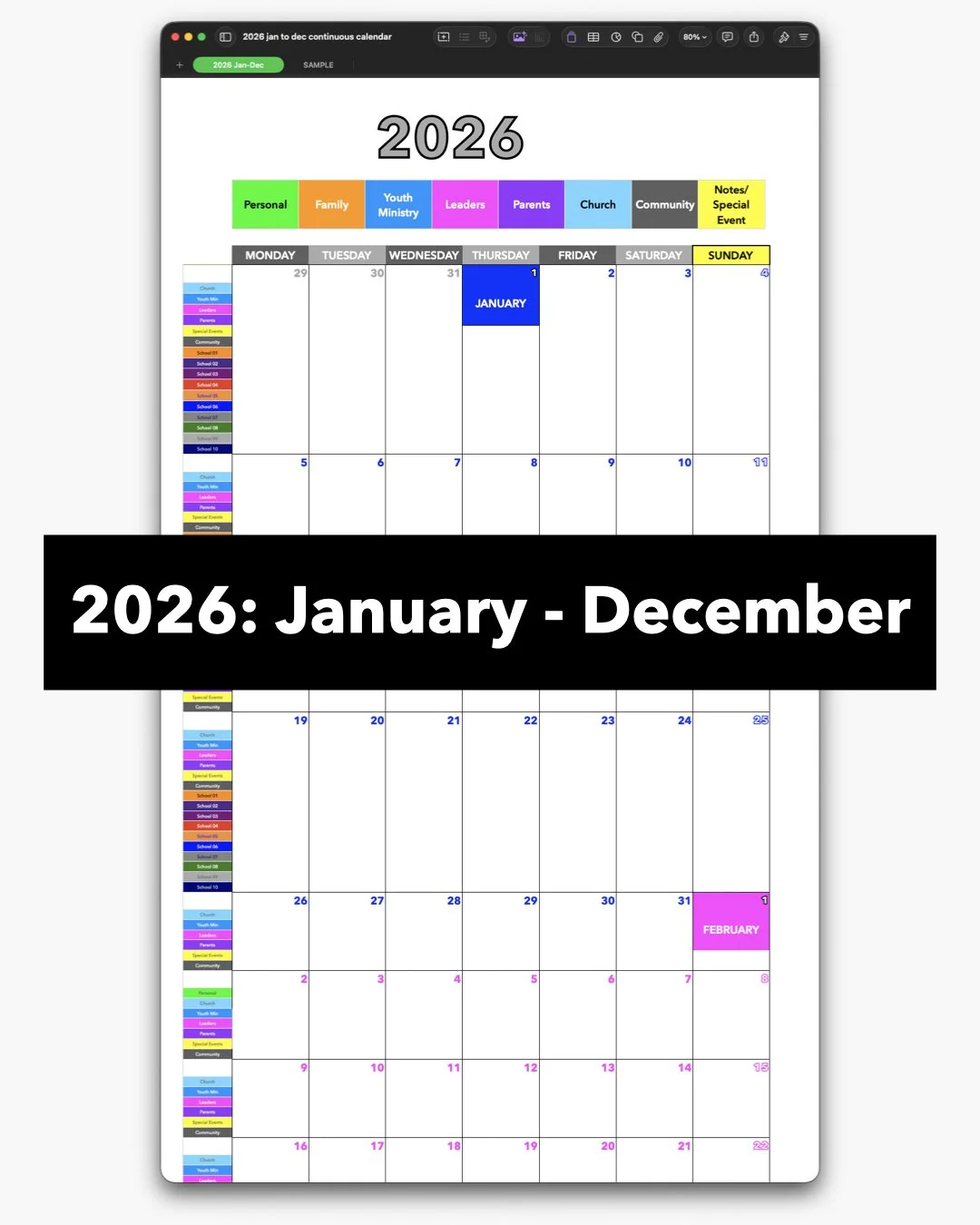 Continuous Calendar 2026 January through December