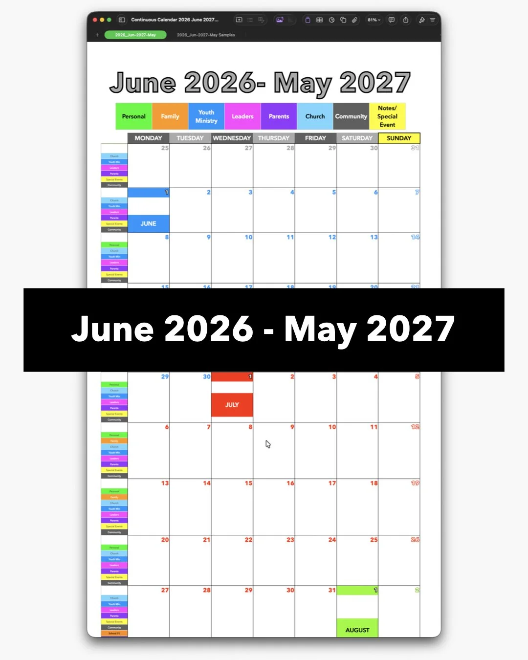 Continuous Calendar - June 2026 through May 2027 Edition