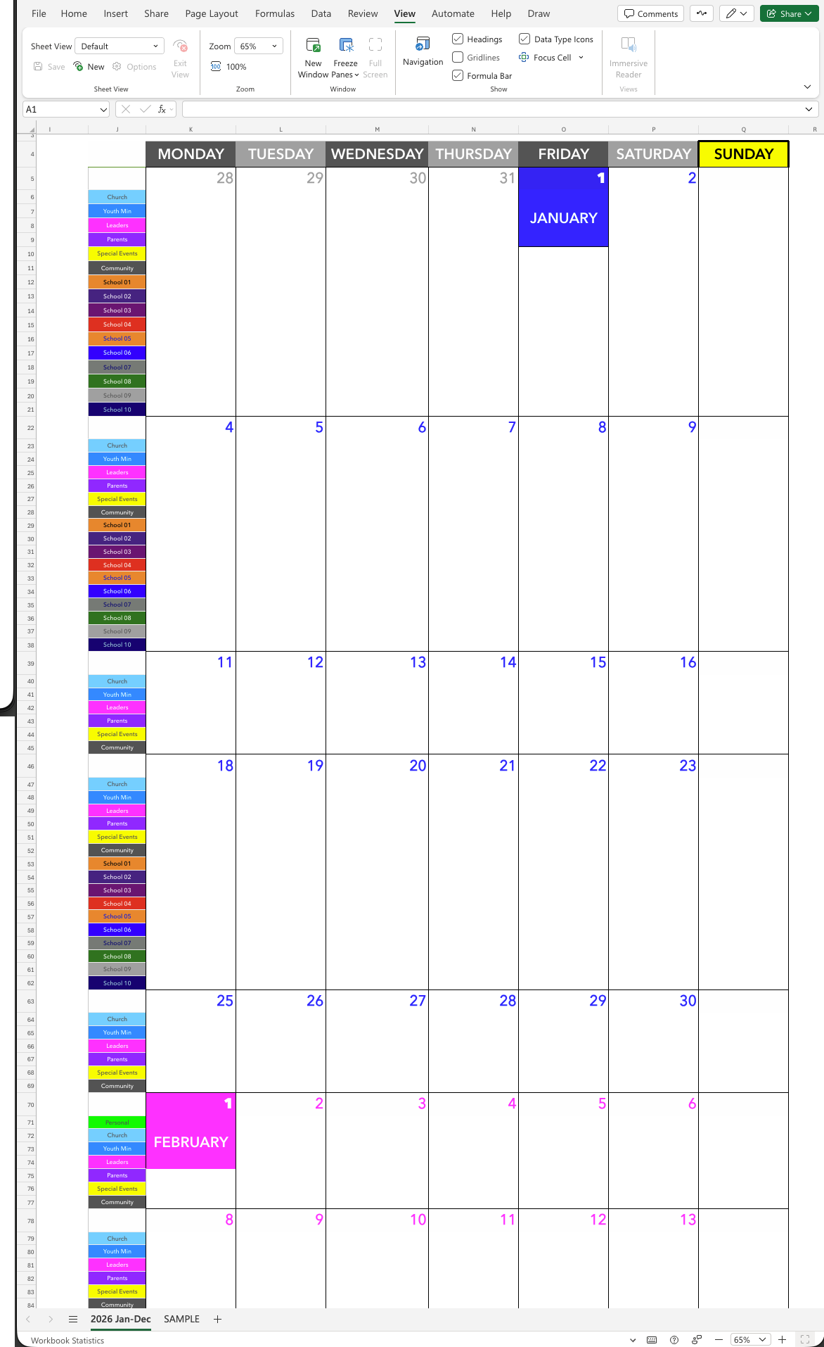 Continuous Calendar 2026 January through December