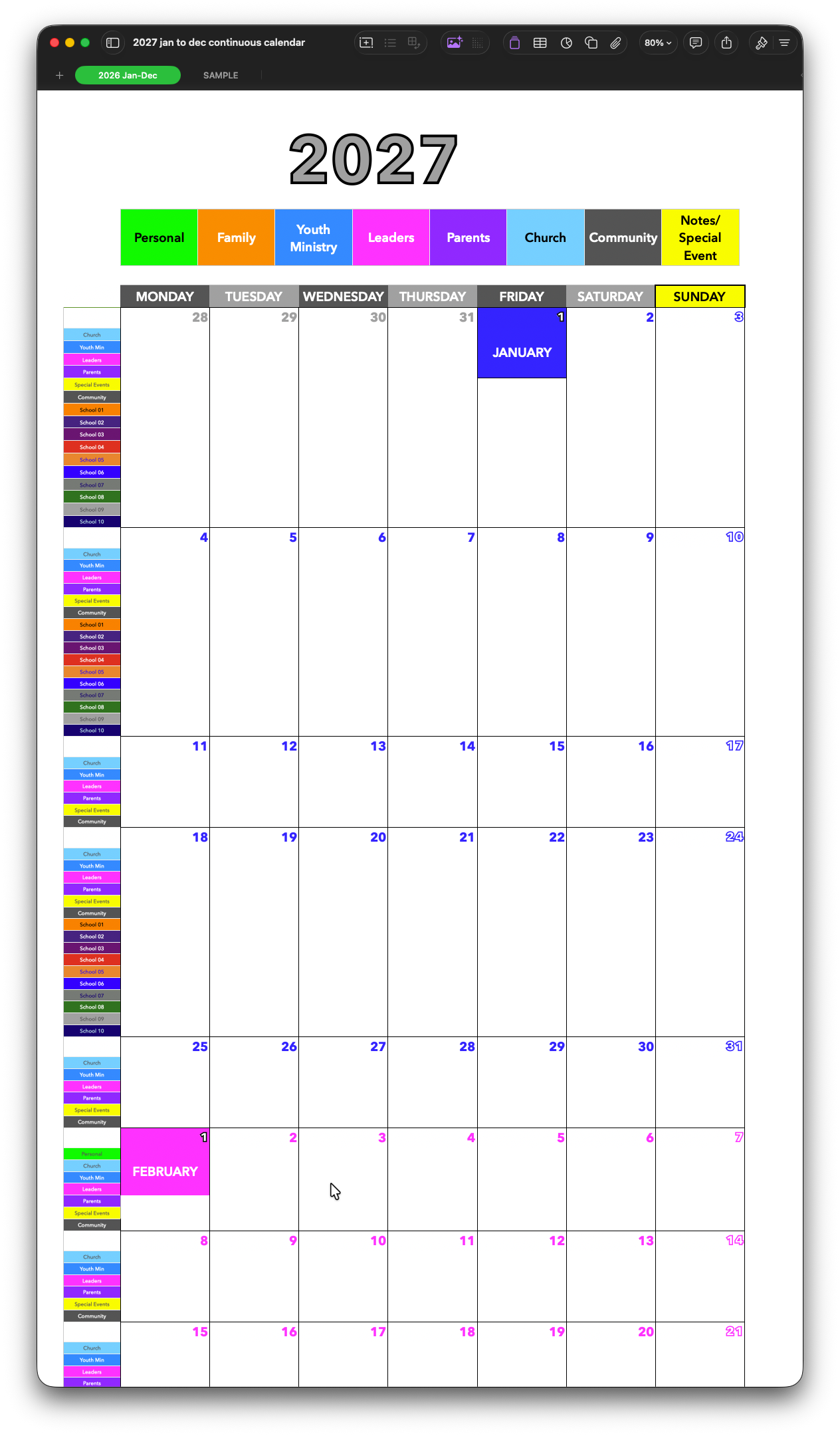 Continuous Calendar - 2027 January through December edition