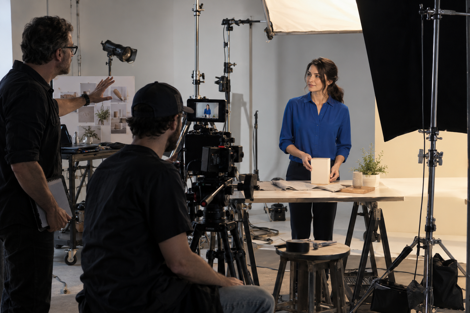 Director giving a performer direction on a tabletop commercial set