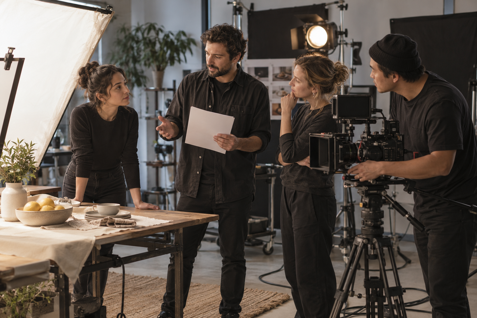 Producer, camera operator and performer discussing a commercial shoot beside an indoor set