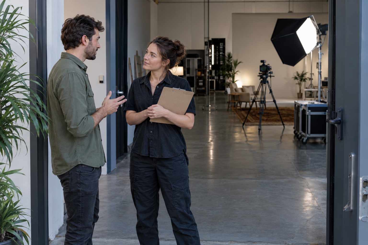 Production crew members coordinating arrival at the entrance to an indoor commercial set