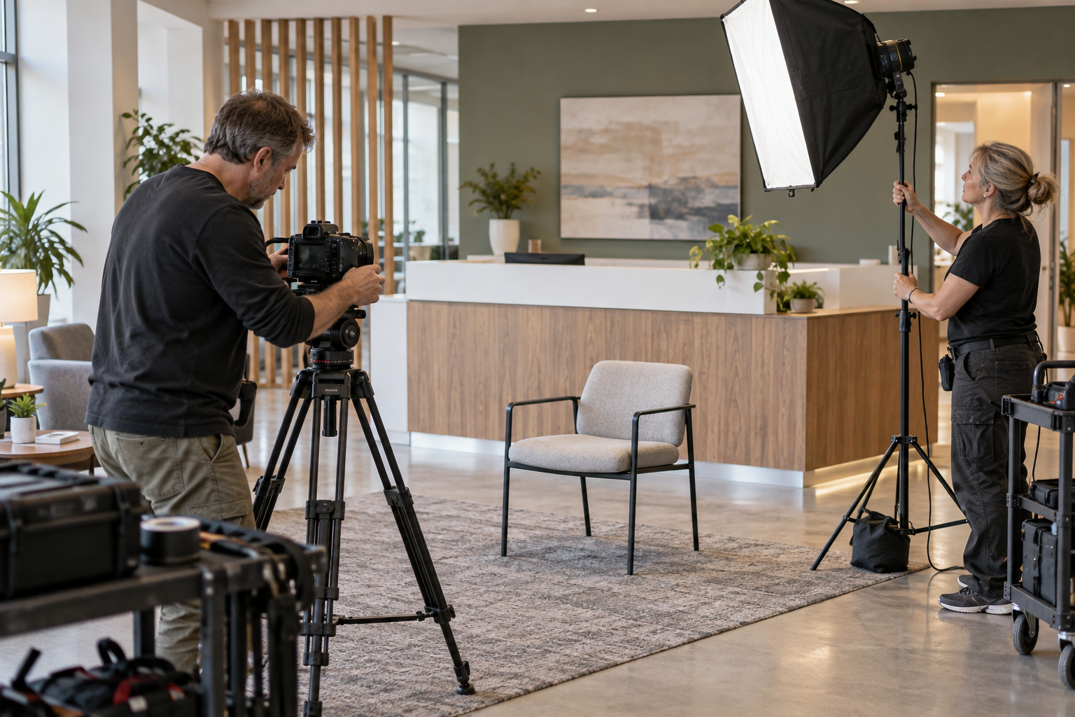 Camera and lighting crew preparing an empty reception set