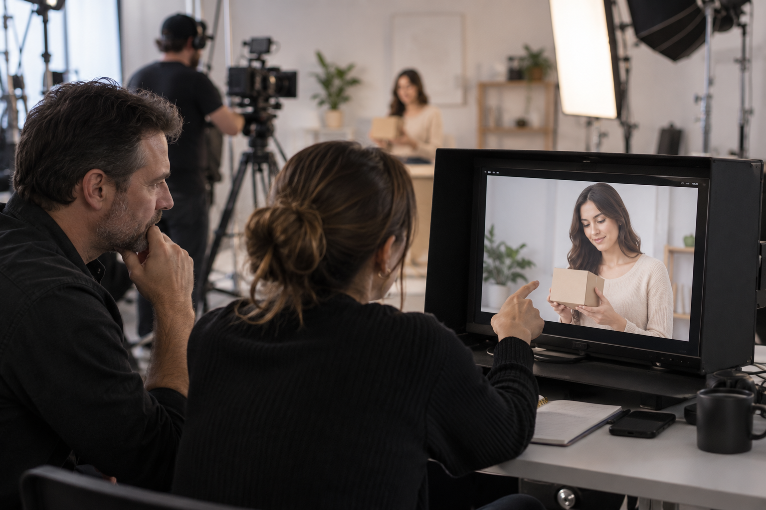 Producer and editor reviewing fictional commercial footage beside a filming set