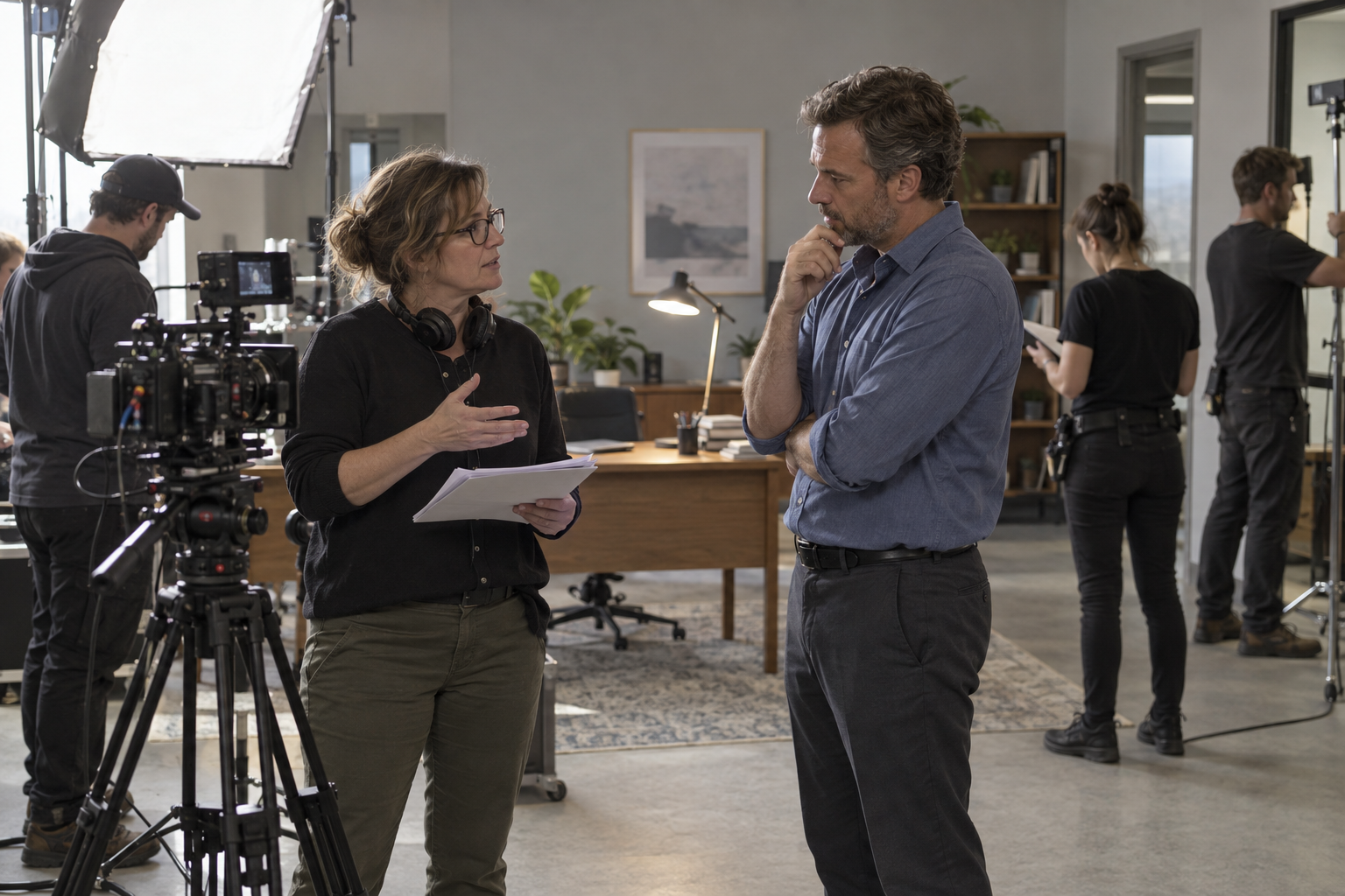 Director discussing a specific creative note with an adult performer on a filming set