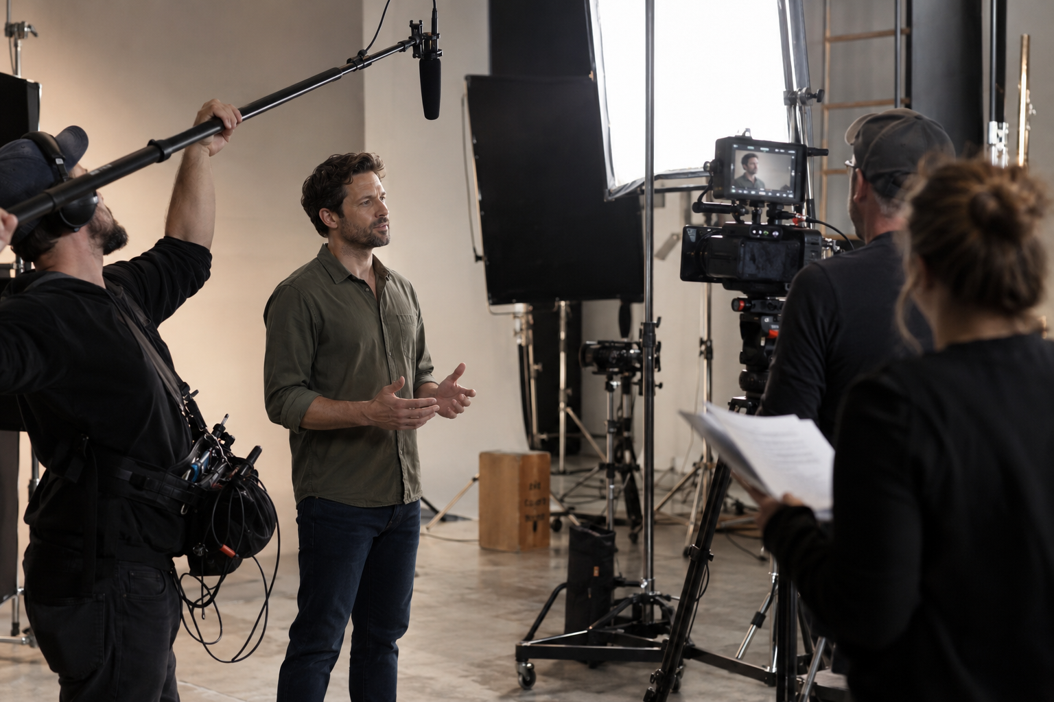 Performer rehearsing dialogue with camera and sound crew on a commercial set
